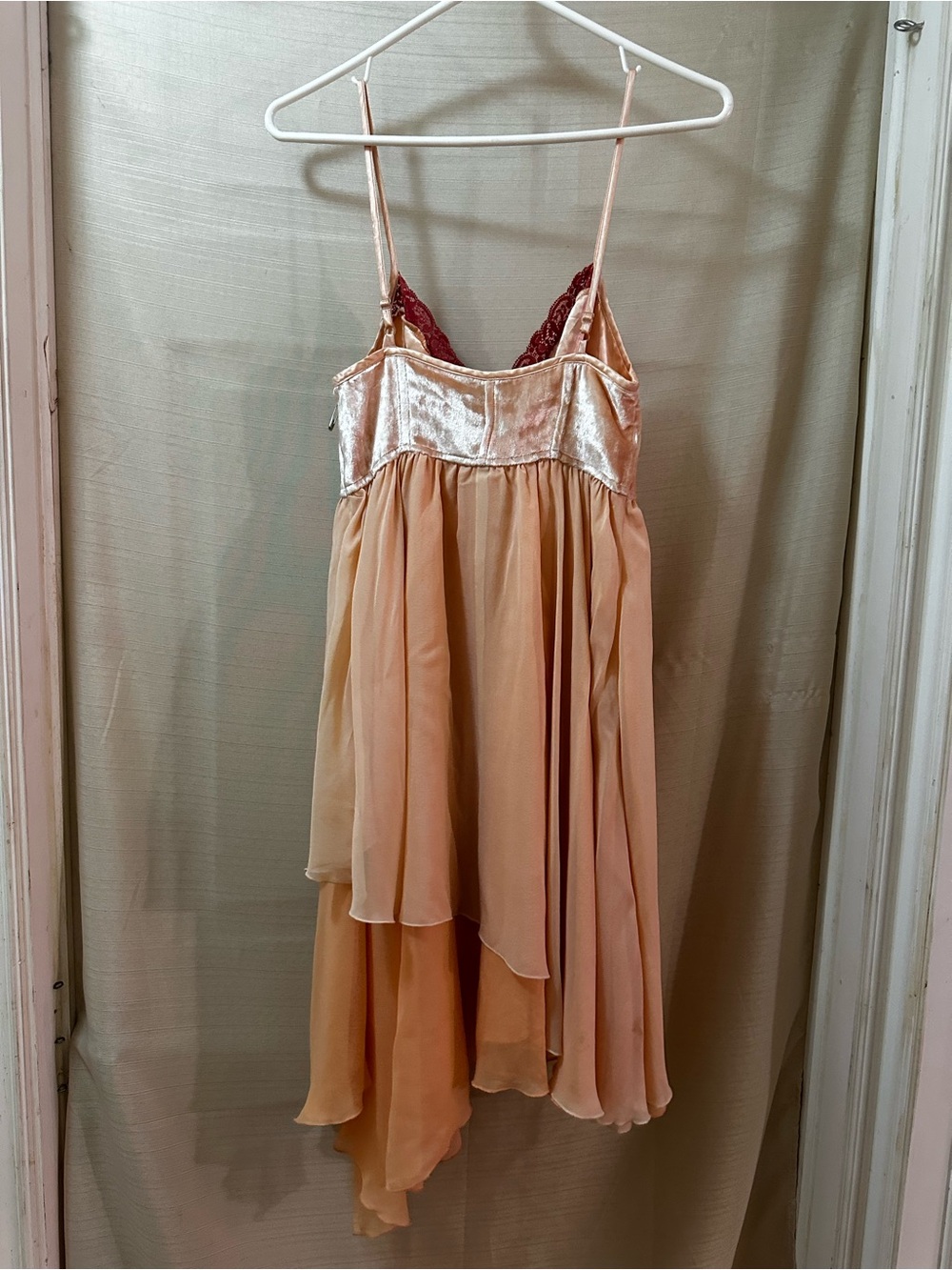 Vintage Y2K Bebe Peach Silk Babydoll Layered Dress Velvet Fairy Asymmetrical - Picture 10 of 11